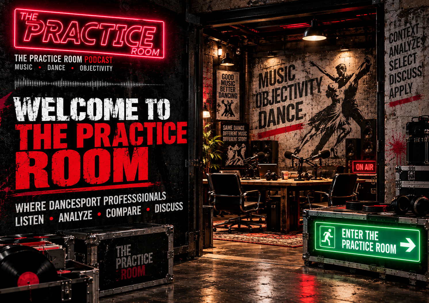 Welcome to The Practice Room: an industrial music studio with a red neon logo, microphones and a green entrance sign.